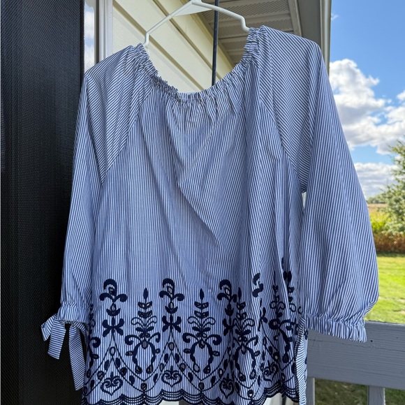 Time and Tru Blue Striped Blouse with Dark Embroidery - Picture 2 of 4